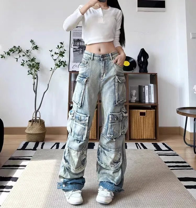 DEAT Fashion Women's Jeans High Waist Multiple Pockets Water Wash Gradient Streetwear Denim Cargo Pants Spring 2024 New 7AB3332