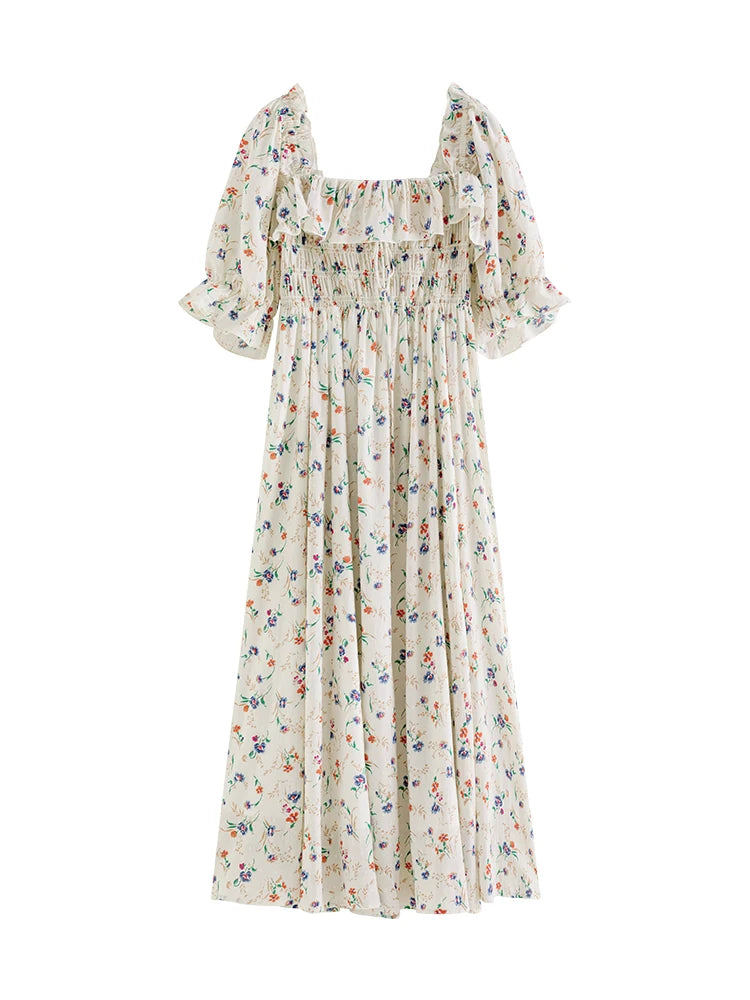 FSLE Vestido largo holgado de algodón 100 % con escote cuadrado para mujer, manga abullonada, estilo campestre, faldas florales de corte A, vestido dulce de verano para mujer