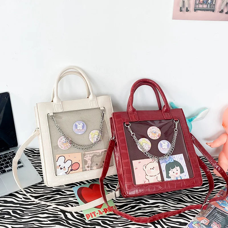 Kawaii Tote Bag Women New 2023 Japanese JK Bag PU Leather Chain Itabag Transparent Crossbody Bags y2k Handbags Crossbody Bags