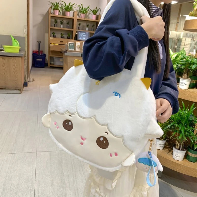 Japanese Kawaii Shoulder Bag Women Plush Lamb Embroidery Handbags and Purses Lovely Soft Hair Tote Bag JK Bag Girls Bolso Mujer