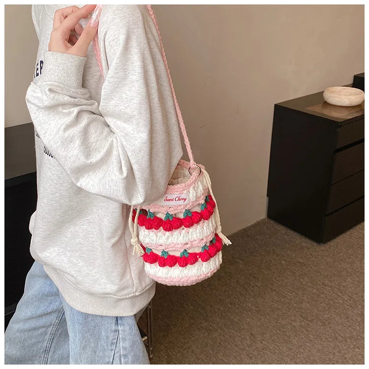 Handmade Woven Cherry Woolen Bag Fresh Fruit Woven Bag Crochet Knitted Bag Leisure String Shoulder Crossbody Bag 2024 New