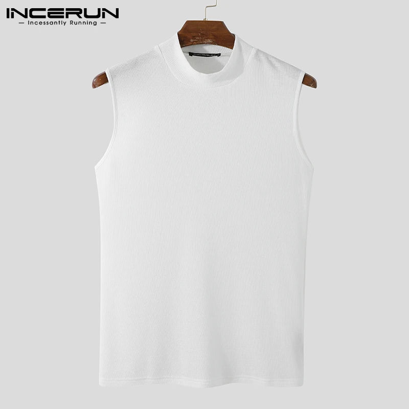 2023 Fashion Men's Tank Tops Turtleneck Sleeveless Streetwear Casual Vests Solid Color Party Nightclub Skinny Tops INCERUN S-5XL