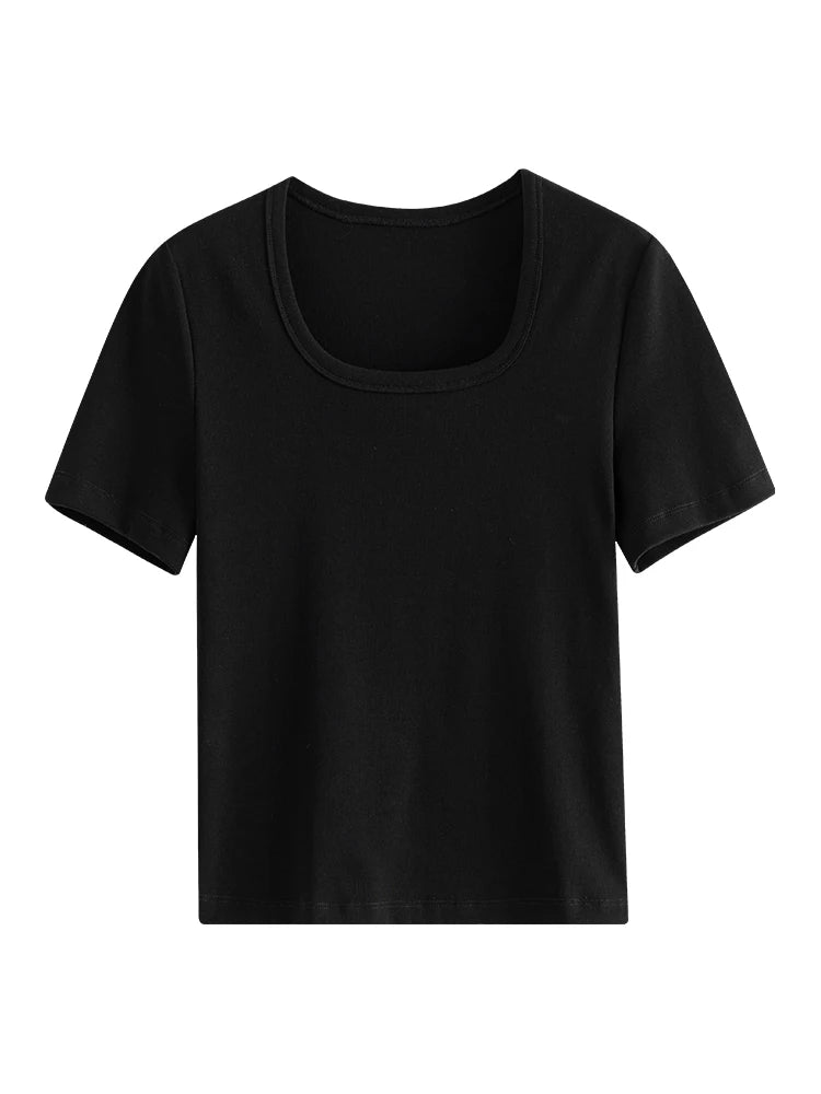 FSLE【4 colores】Camiseta informal de verano gris con cuello redondo para mujer, camisetas elásticas de manga corta con cuello cuadrado de algodón negro 24FS12797+24FS12798