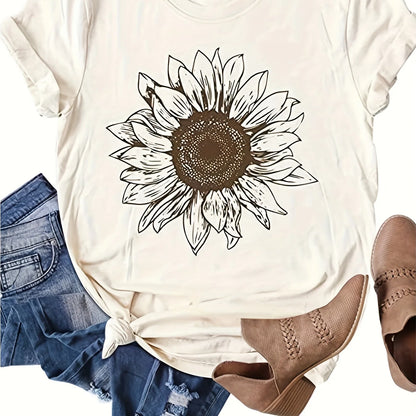 Sunflower Print Women T-shirt Casual Crew Neck Short Sleeve T-shirt Women's Clothing Female TopsTees