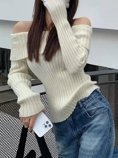 Suninheart Autumn Winter Rib Knitted Off The Shoulder Pullover Sweater Sexy Women Full Sleeve Sweater Pullovers Elegant Jumpers