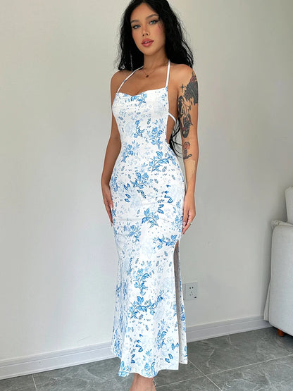 Dulzura - Vestido largo con cuello halter y encaje floral para mujer, vestido midi ajustado sin espalda, atuendo sexy para fiesta y club, ropa de calle, vestido de verano