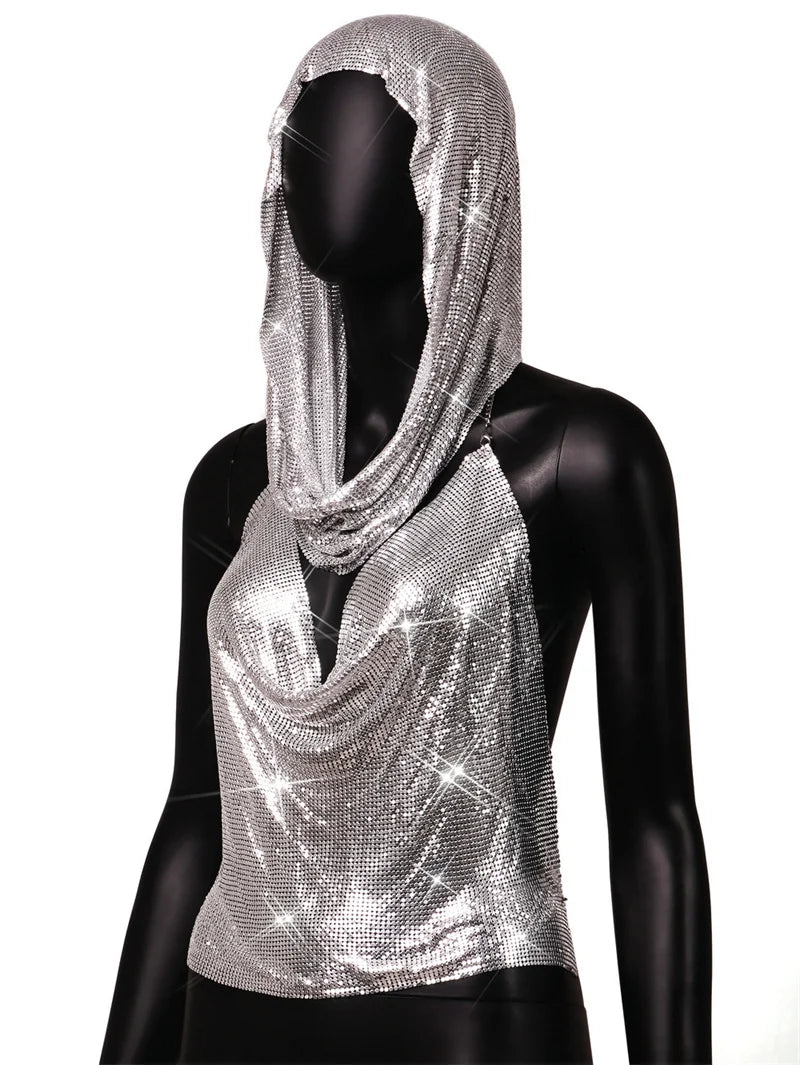 Y2k Fashion Metallic Sequins Women Crop Tank Tops with Headscarf Sexy Backless Hollow Out Halter Metal Sequined Chain Corset Top