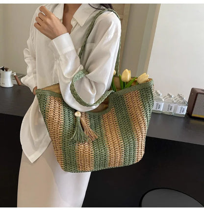 Bolso tejido de paja estilo vacaciones de verano, gran capacidad, versión coreana, tendencia occidental, bolso de hombro, bolso de mano de viaje de moda, diseñador