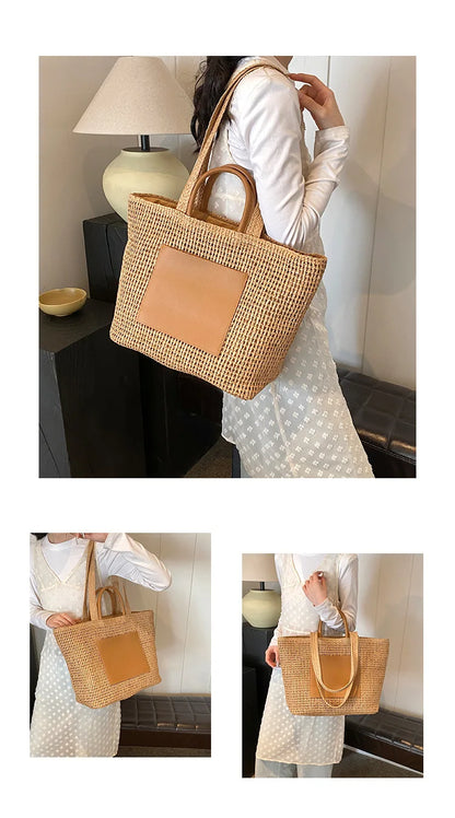 Casual Large Capacity Straw Tote Bag Hollow Paper Weave Women Shoulder Bags Handmade Summer Beach Handbag Big Bali Shopper Purse