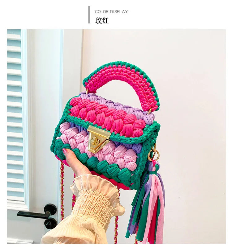 Fashion Colorful Crochet Women Handbags Trend Handmade Woven Chains Shoulder Crossbody Bag Small Flap Female Purses 2024