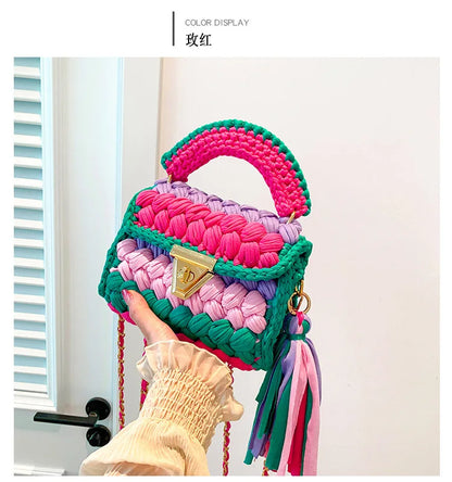 Fashion Colorful Crochet Women Handbags Trend Handmade Woven Chains Shoulder Crossbody Bag Small Flap Female Purses 2024