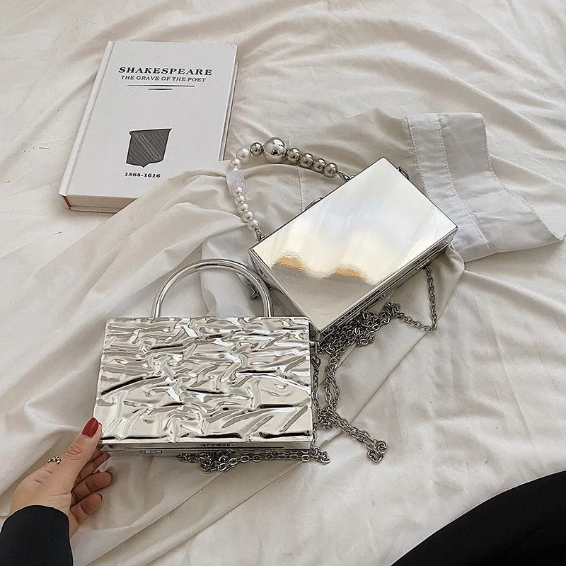 Silver Square Chain Party Clutch Fashion Purses and Handbags for Women Chic Designer Brand Shoulder Bag Crossbdoy Bag Female