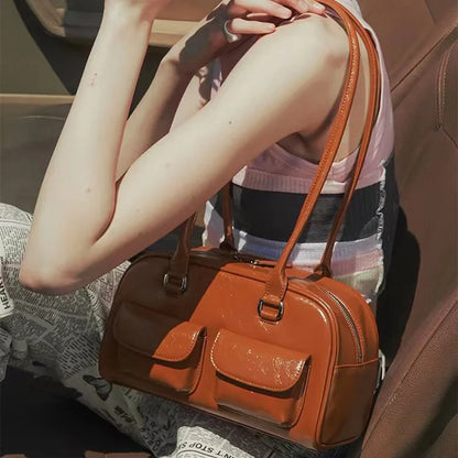 Fashion Underarm Bag for Women Designer Boston Handbags Luxury Petant Pu Leather Shoulder Bags Korean Vintage Bowling Tote Bag