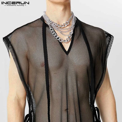 Hauts de style décontracté élégant INCERUN pour hommes Sexy Transparent Mesh Long-style Débardeurs Homme Col en V Sangle Sans Manches Gilets Minces S-5XL