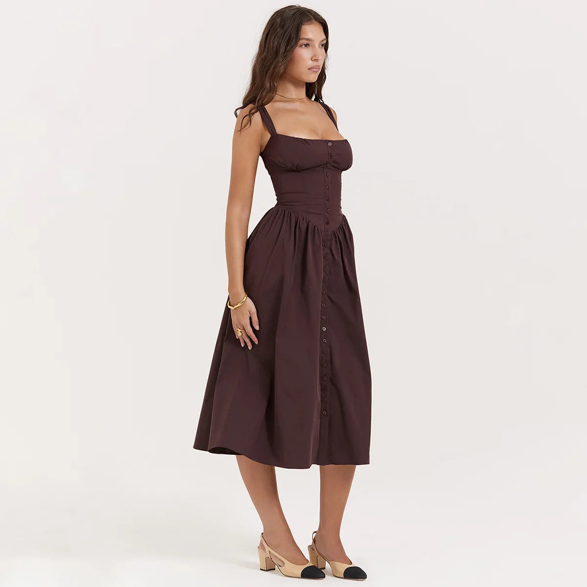 Robe élégante d'été pour femme Suninheart 2023 Robe de fête d'anniversaire à bretelles spaghetti marron Robe mi-longue boutonnée en ligne A