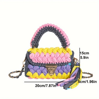 Fashion Colorful Crochet Women Handbags Trend Handmade Woven Chains Shoulder Crossbody Bag Small Flap Female Purses 2024