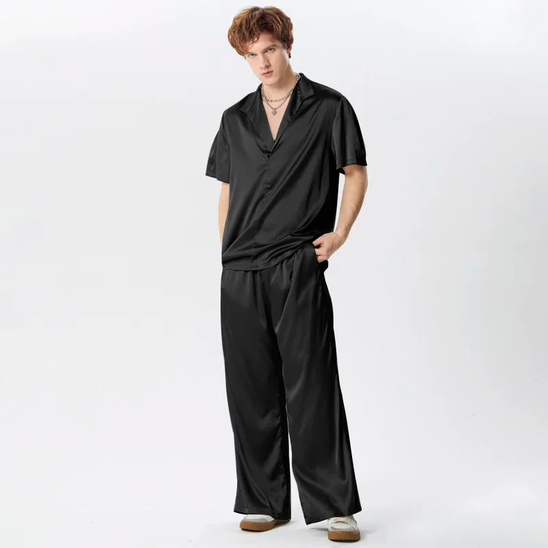 2024 Hommes Ensembles Couleur Unie Streetwear Satin Revers Manches Courtes Chemise &amp; Pantalon Deux Pièces Ensembles Mode Hommes Costumes Décontractés INCERUN