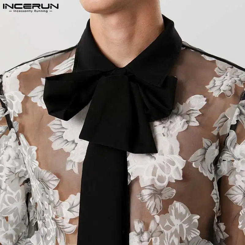 Fashion Sexy New Men Perspective Lace Print Jacquard Tie Shirts Casual Male Hot Sale Long Sleeved Blouse S-5XL INCERUN Tops 2024