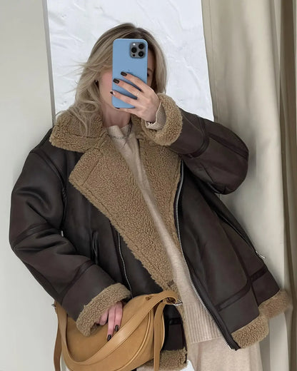 Veste d'hiver chaude en cuir PU pour femme, manteau à manches longues et fermeture éclair, style vintage, à la mode, 2023