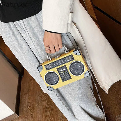 Bolso bandolera con forma de radio vintage exclusivo para mujer, bolso de hombro con cierre de clip