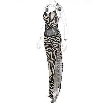 Dulzura Zebra Pring Maxi Dress For Women Side Slit Lace Patchwork Backless Long Dress Sexy Party Club Outfits 2024 Summer