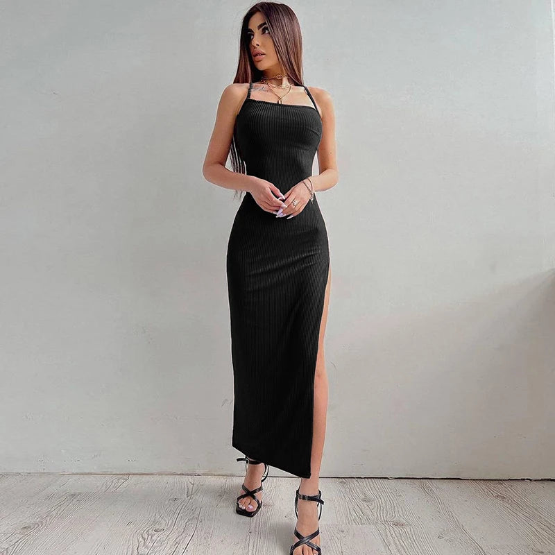 New Women Backless Bandage Bodycon Dress Summer Sexy Halter Neck Split Party Dresses Ladies Casual Solid Long Robe CC22157PF