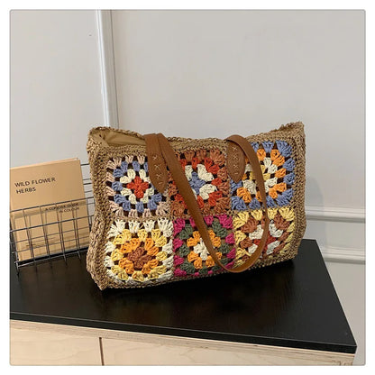 Sacs à bandoulière en paille pour femmes, style bohème, grand-mère, sacs à main décontractés en tissage, sac de plage d'été fait à la main, sac fourre-tout de grande capacité