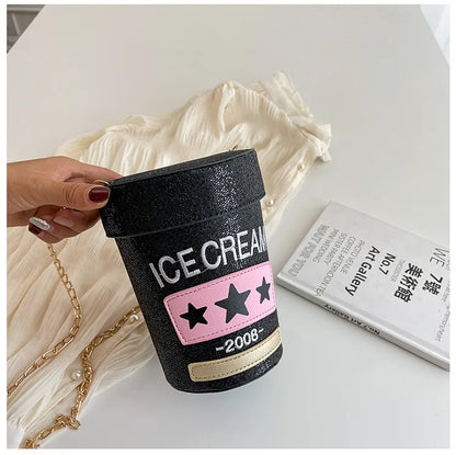 Funny cute cup shape shoulder bag icea cream letter printing bucket bag ladies crossbody messenger bag female purse handbag