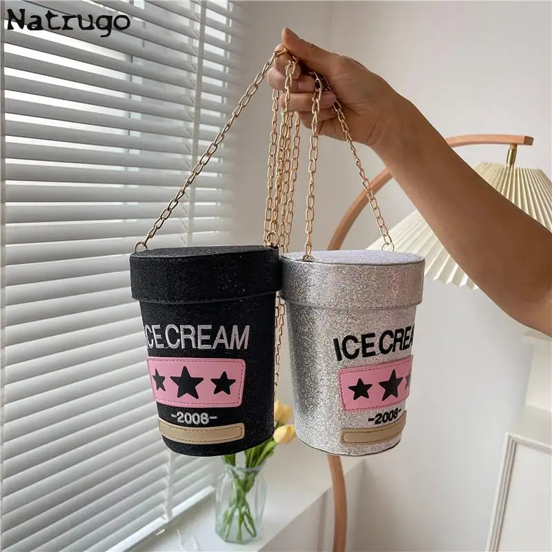 Funny cute cup shape shoulder bag icea cream letter printing bucket bag ladies crossbody messenger bag female purse handbag