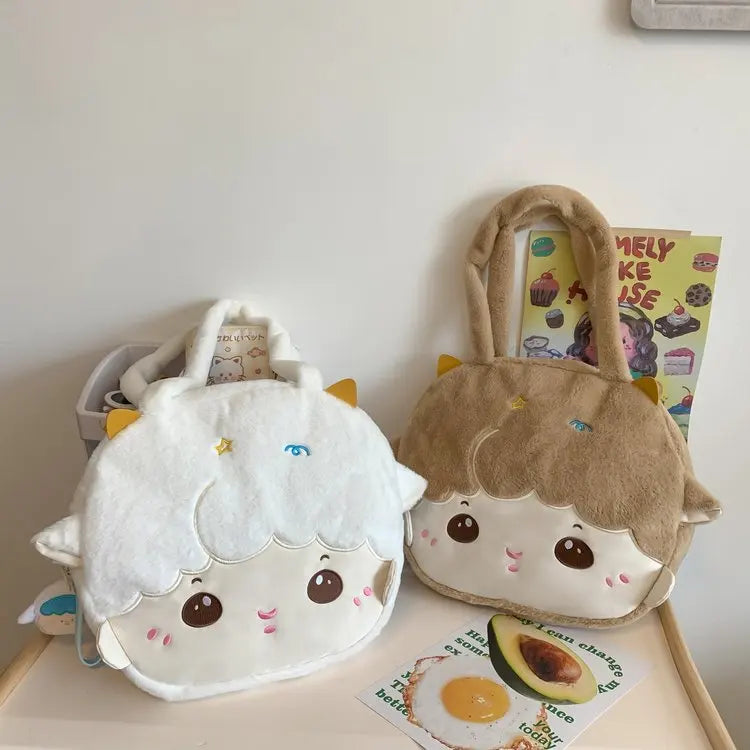 Japanese Kawaii Shoulder Bag Women Plush Lamb Embroidery Handbags and Purses Lovely Soft Hair Tote Bag JK Bag Girls Bolso Mujer