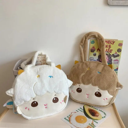 Japanese Kawaii Shoulder Bag Women Plush Lamb Embroidery Handbags and Purses Lovely Soft Hair Tote Bag JK Bag Girls Bolso Mujer