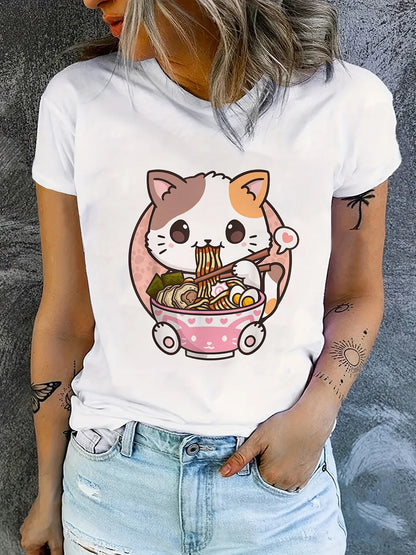 Cat Ramen Anime Print Women T-shirts Casual Short Sleeve Summer T-shirt Women's Clothing Female Tops Tees