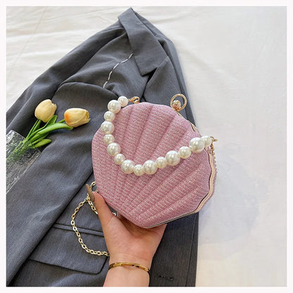 Bolso de hombro estilo marca, bolso de concha con cadena de perlas, bolso cruzado de lentejuelas de moda para mujer, bolso de noche