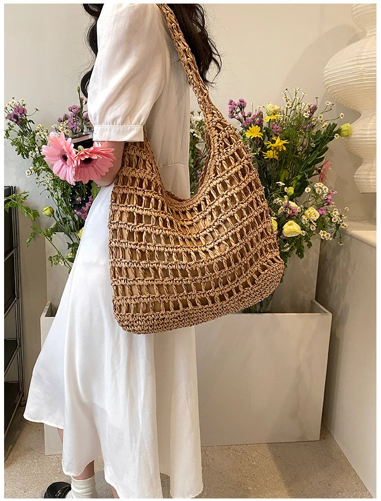 Casual Hollow Straw Women Shoulder Bags Handmade Woven Large Capacity Tote Bag Summer Beach Handbags Simple Bali Purses 2024