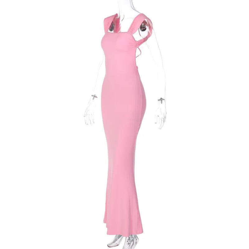 Dulzura Vestido largo rosa sin espalda con cordones para mujer, vestido ajustado sexy con tirantes finos, vestido elegante para fiesta, cumpleaños y noche