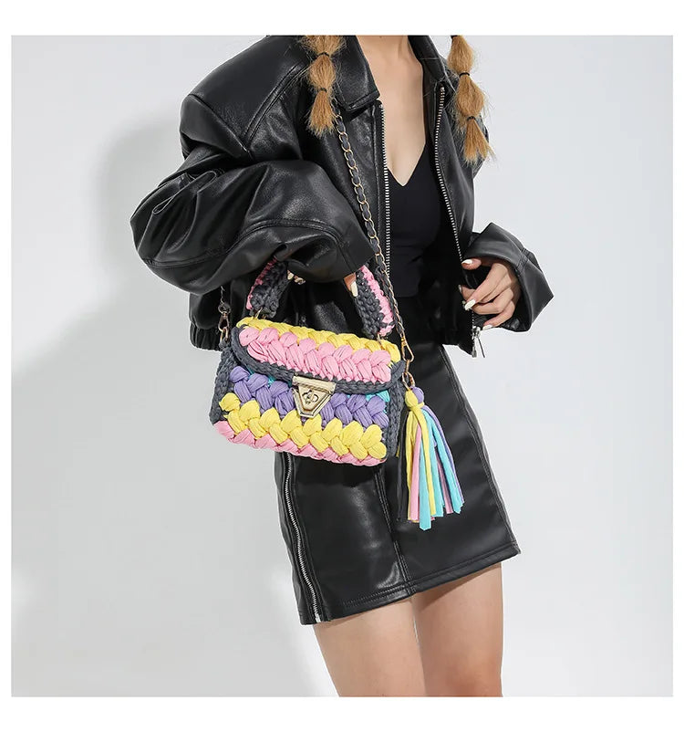 Fashion Colorful Crochet Women Handbags Trend Handmade Woven Chains Shoulder Crossbody Bag Small Flap Female Purses 2024