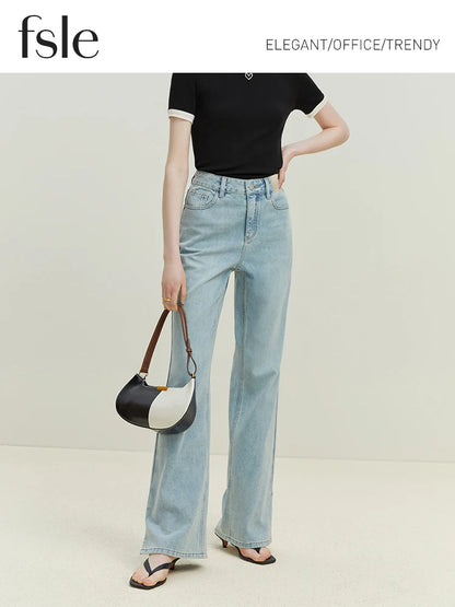 FSLE Office Lady Light Blue High Waist Small Straight Leg Jeans For Women 2023 New Summer Thin Jeans For Women Loose Causal