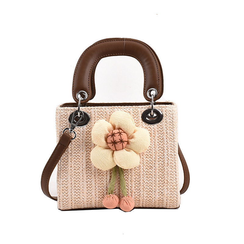 Bolso de mano de paja tejido con flores para mujer