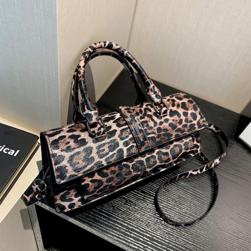 Bolso de mano texturizado con personalidad y estampado de leopardo, bolso de hombro estilo mensajero retro