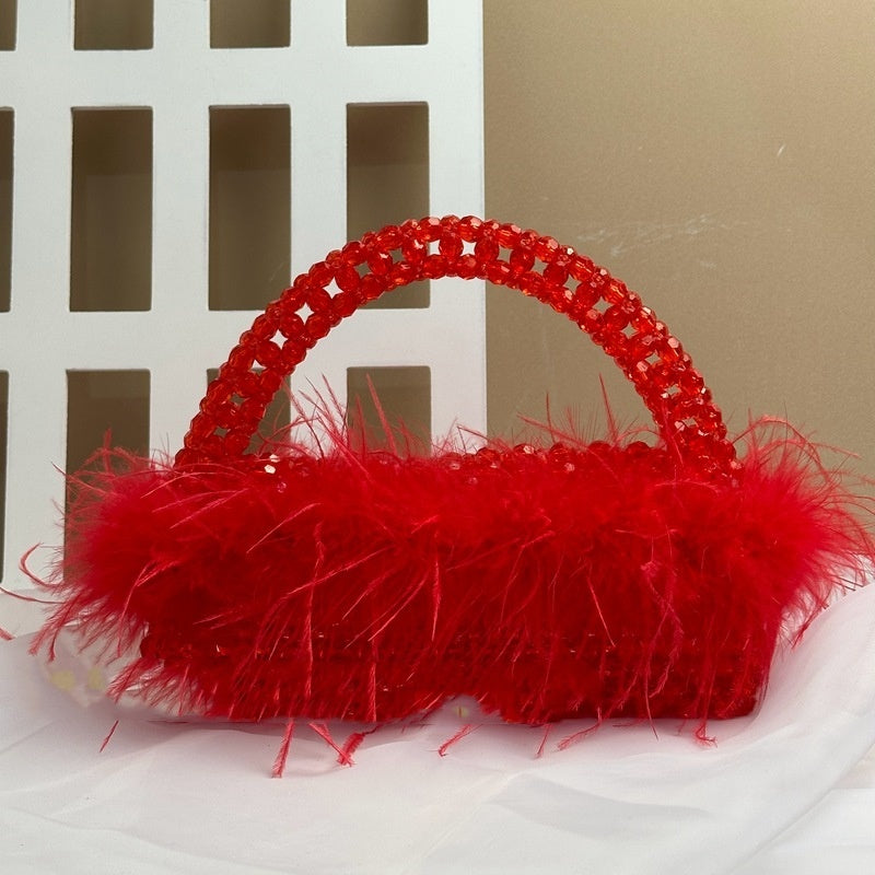 Large Ostrich Feather Handmade Beaded Fall Winter Fashion Feather Handbag