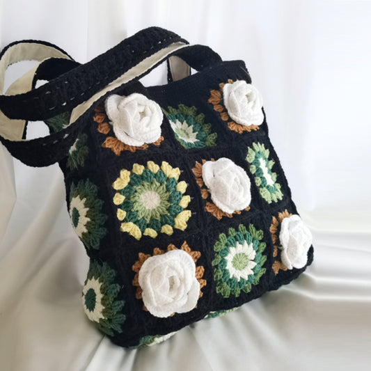 Sac à bandoulière en laine crocheté professionnel haut de gamme tissé à la main avec des fleurs