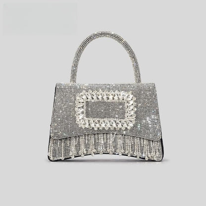 Sac fourre-tout à strass avec boucle carrée pour femme, sac à main à rabat avec pompon et strass