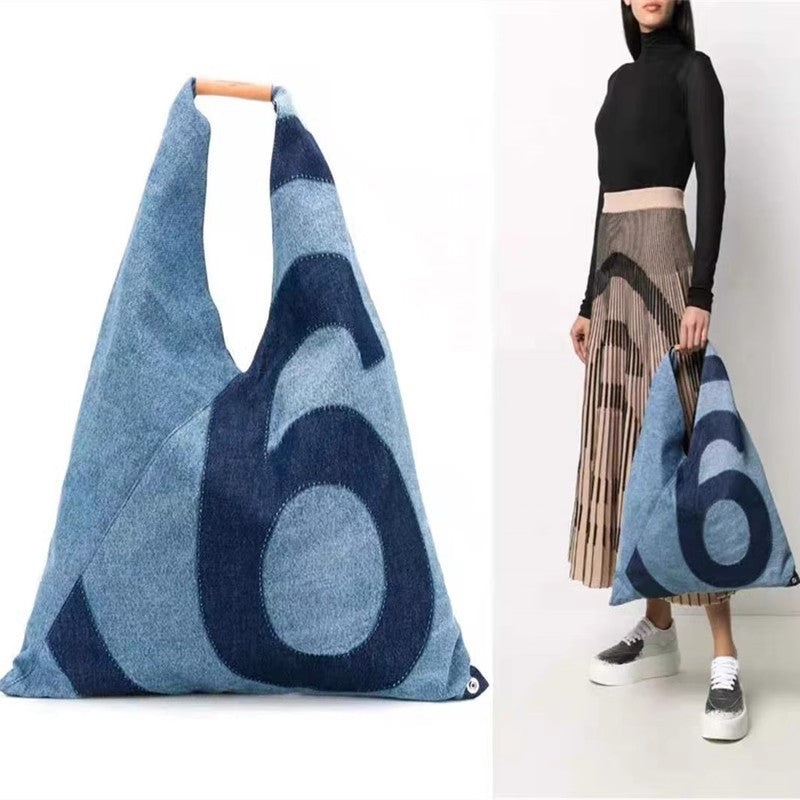 Bolso de mano con estampado de mezclilla azul de gran capacidad para mujer