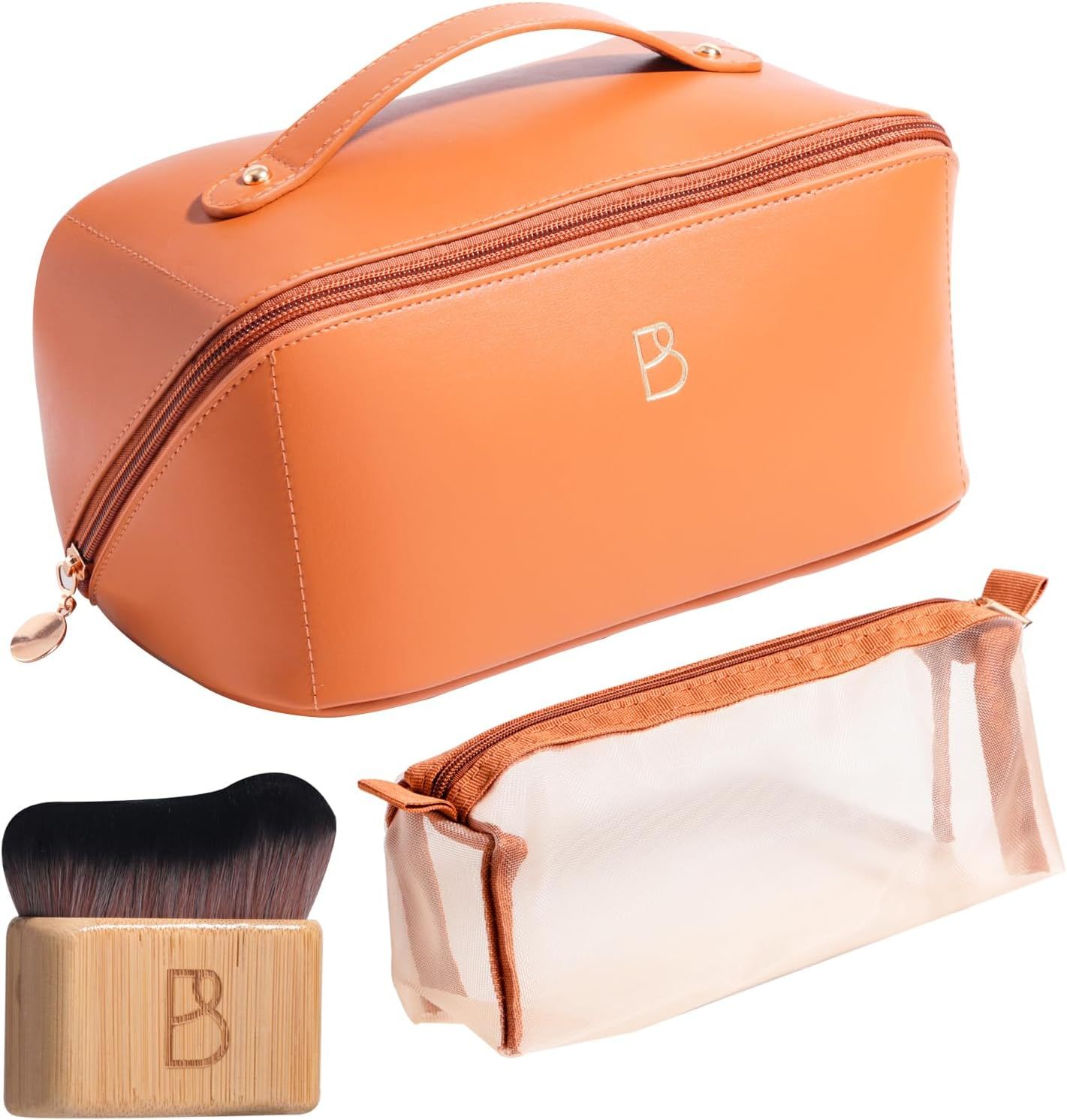 Trousse de maquillage de voyage, trousse de toilette portable de grande capacité, parfaite pour organiser les articles de toilette de voyage, ouverture plate pour un accès facile avec 1 pinceau de maquillage et sac à fermeture éclair