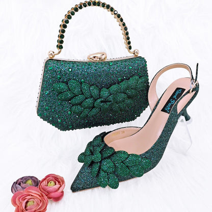 Conjunto de zapatos y bolsos de fiesta para damas transfronterizos hechos a mano con hojas decorativas y copas de vino