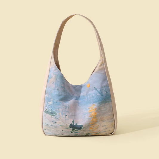 Sac à bandoulière en toile de grande capacité avec impression de lever de soleil sur peinture à l'huile