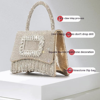 Sac fourre-tout à strass avec boucle carrée pour femme, sac à main à rabat avec pompon et strass