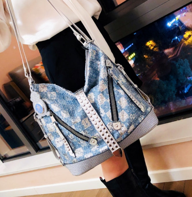 Women Denim Sequin Bucket Bag Backpack Fashion