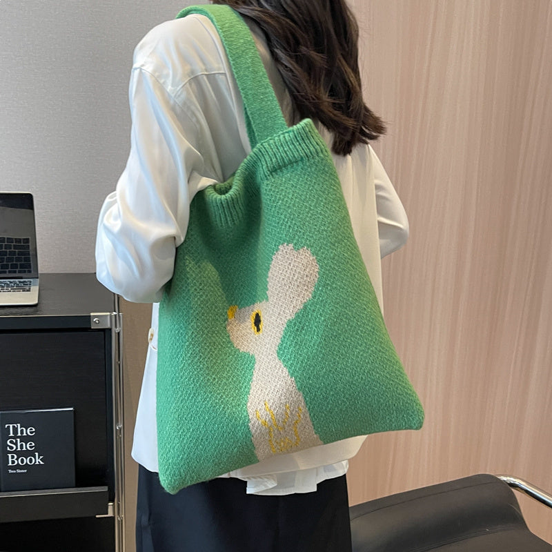 New Wool Bag Women's Large Capacity Knitted Handbag Cute Rabbit Commuter Shoulder Bag