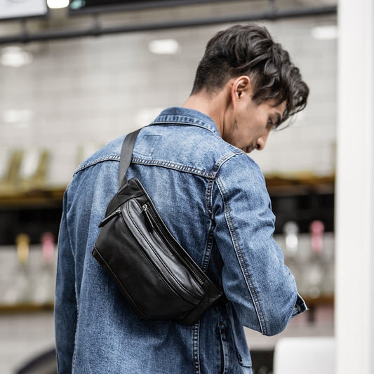 Sac messager de poitrine pour homme en cuir véritable décontracté avec couche supérieure en cuir de vache